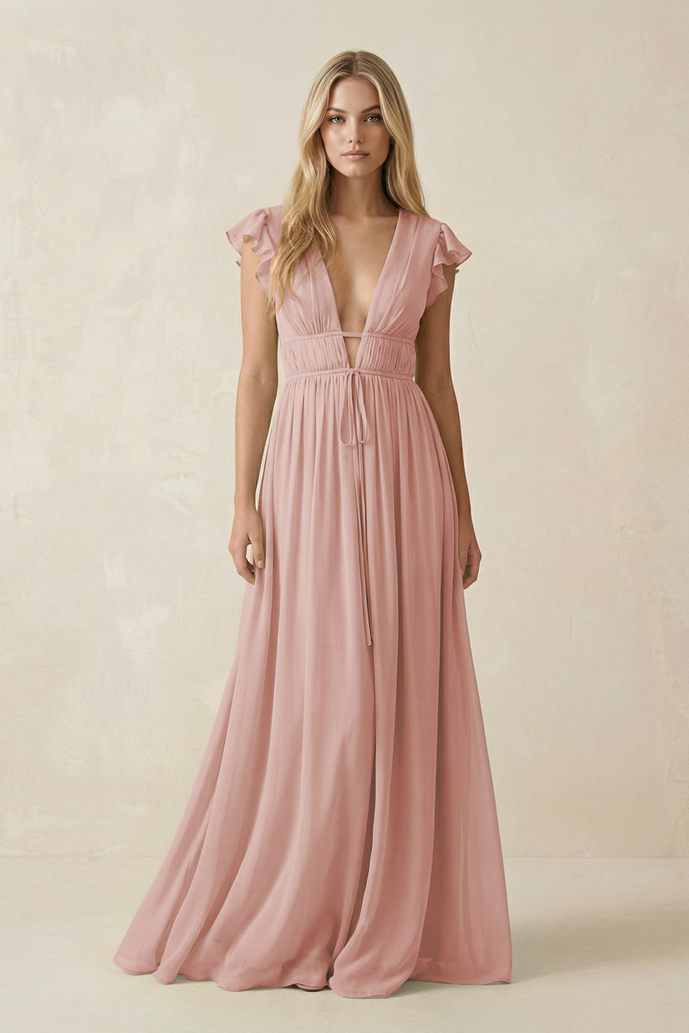 V-Neck A-Line Chiffon Cap Sleeves Bridesmaid Dress in English Rose