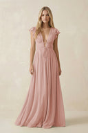 English Rose V-Neck A-Line Chiffon Cap Sleeves Bridesmaid Dress | KISSBRIDAL