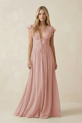 English Rose V-Neck A-Line Chiffon Cap Sleeves Bridesmaid Dress | KISSBRIDAL