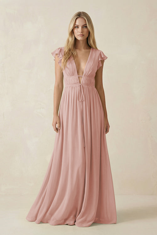 English Rose V-Neck A-Line Chiffon Cap Sleeves Bridesmaid Dress | KISSBRIDAL