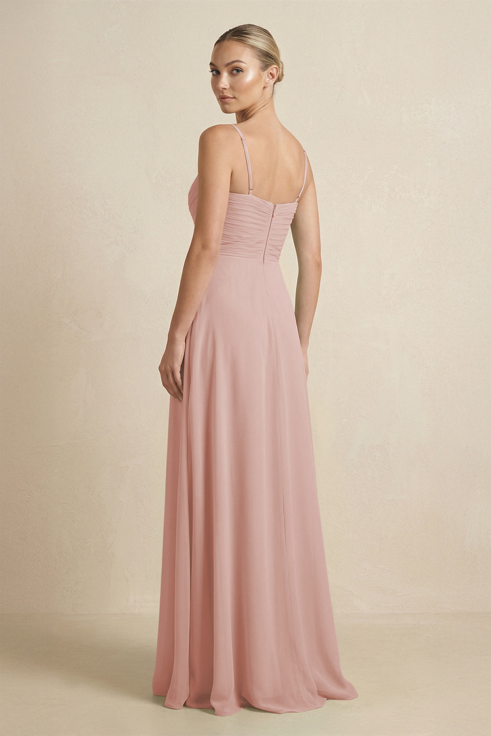V-Neck A-Line Chiffon Pleated Bridesmaid Dress in English Rose