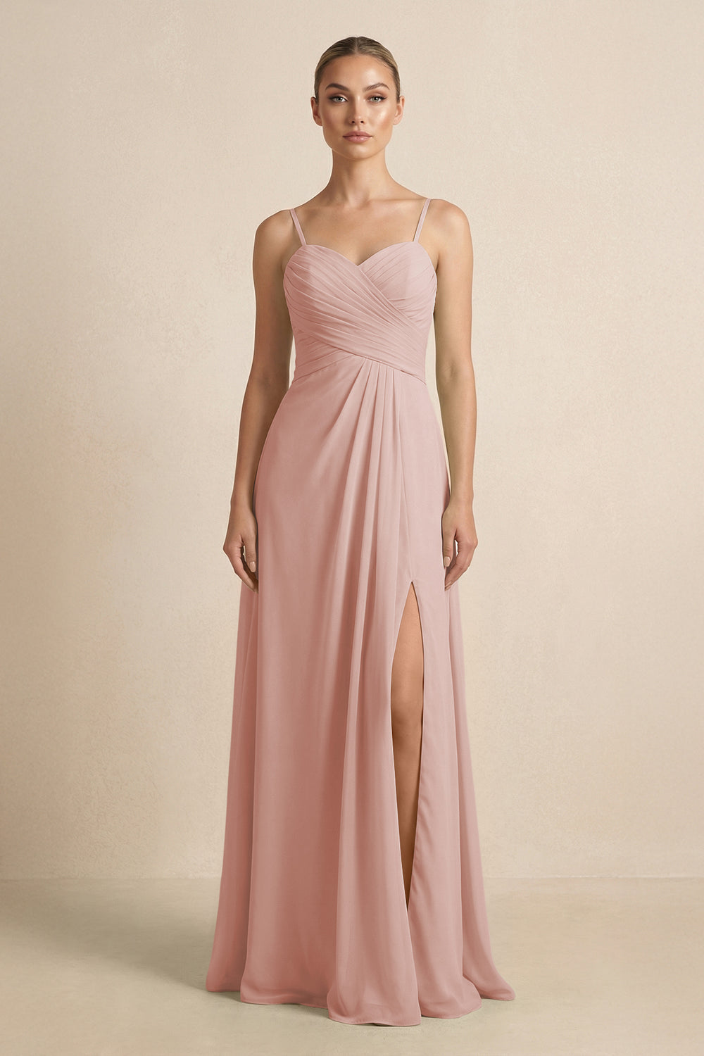 V-Neck A-Line Chiffon Pleated Bridesmaid Dress in English Rose