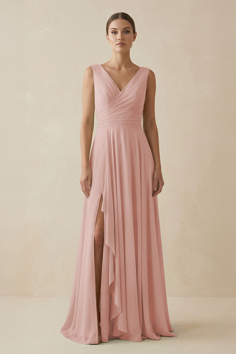 V-Neck A-Line Chiffon Ruffled Bridesmaid Dress in English Rose