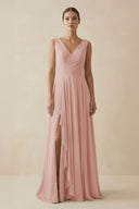 English Rose V-Neck A-Line Chiffon Ruffled Bridesmaid Dress | KISSBRIDAL