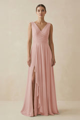 English Rose V-Neck A-Line Chiffon Ruffled Bridesmaid Dress | KISSBRIDAL