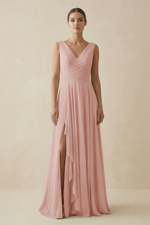 English Rose V-Neck A-Line Chiffon Ruffled Bridesmaid Dress | KISSBRIDAL