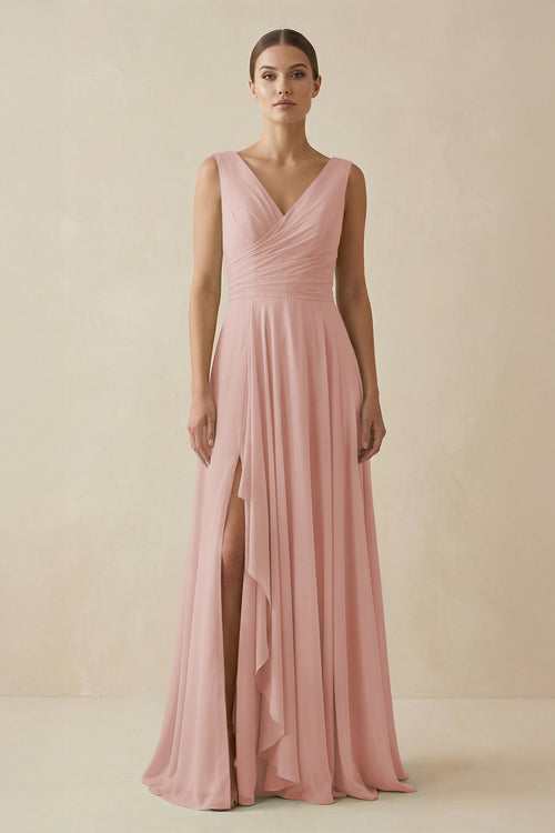 English Rose V-Neck A-Line Chiffon Ruffled Bridesmaid Dress | KISSBRIDAL