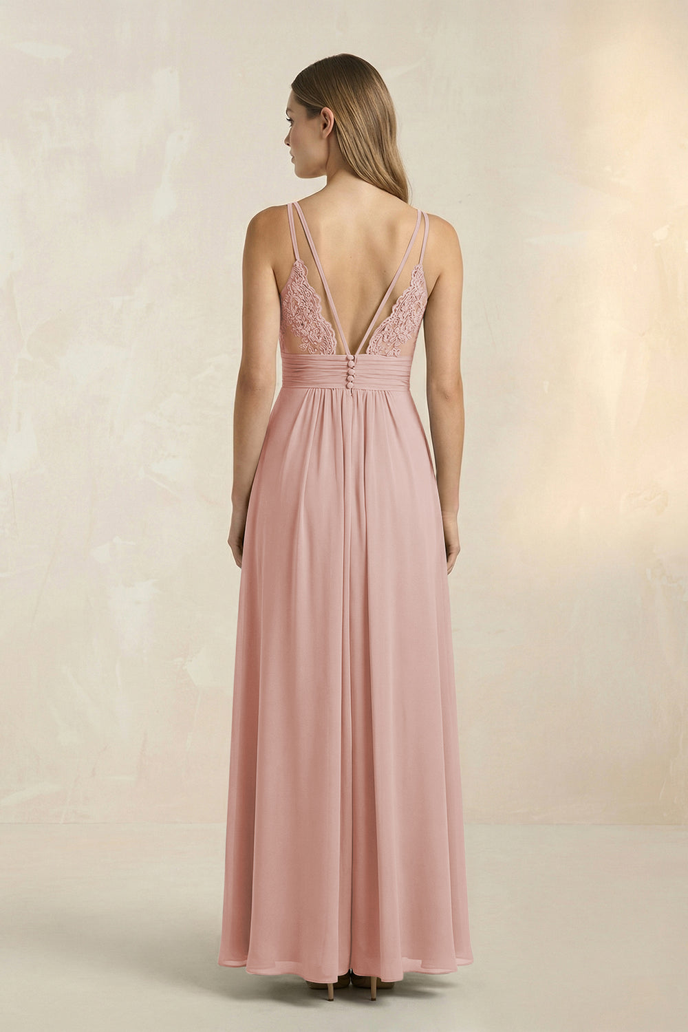 V-Neck A-Line Pleated Chiffon Bridesmaid Dress in English Rose