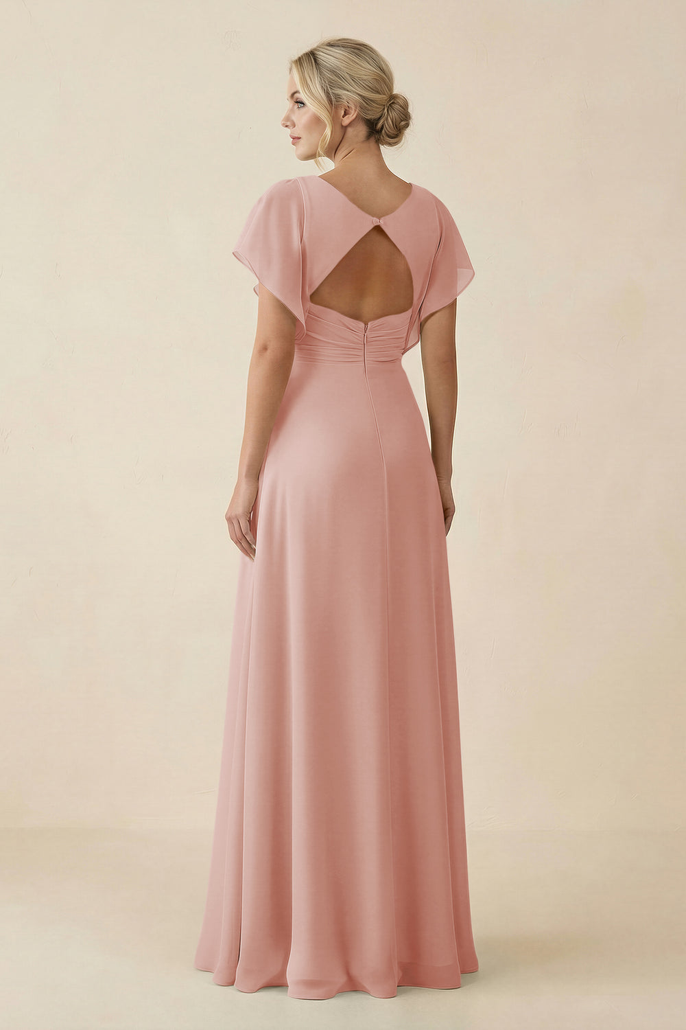 V-Neck Cap Sleeve Chiffon Bridesmaid Dress with Cut-out Back in English Rose