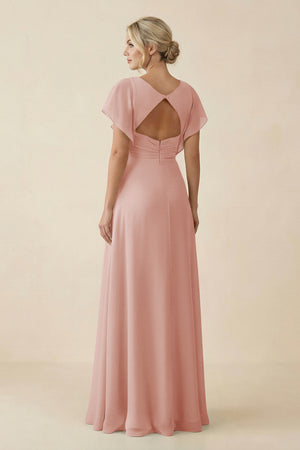 English Rose V-Neck Cap Sleeve Chiffon Bridesmaid Dress with Cut-out Back (2) | KISSBRIDAL