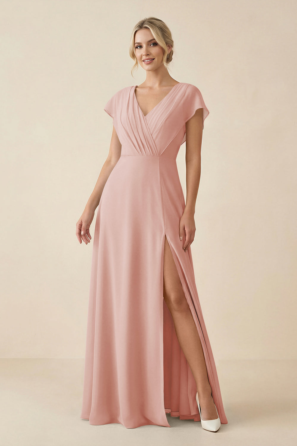 V-Neck Cap Sleeve Chiffon Bridesmaid Dress with Cut-out Back in English Rose