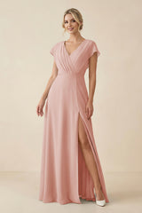 English Rose V-Neck Cap Sleeve Chiffon Bridesmaid Dress with Cut-out Back | KISSBRIDAL