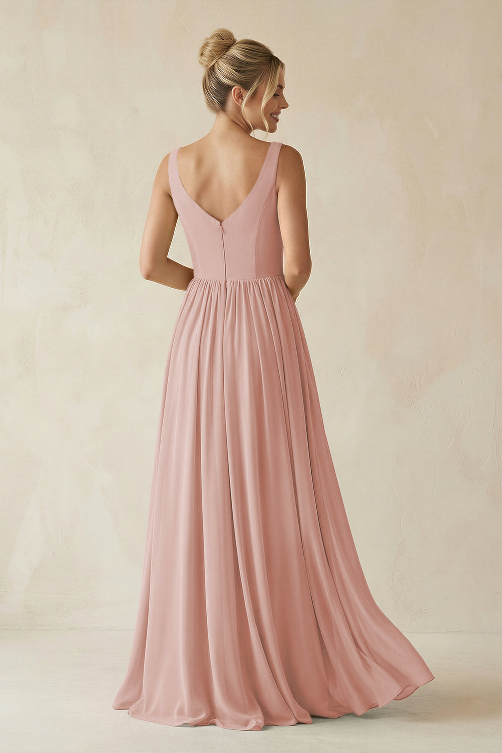 V-Neck Chiffon A-Line Long Bridesmaid Dress in English Rose