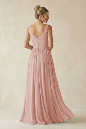 English Rose V-Neck Chiffon A-Line Long Bridesmaid Dress (2) | KISSBRIDAL