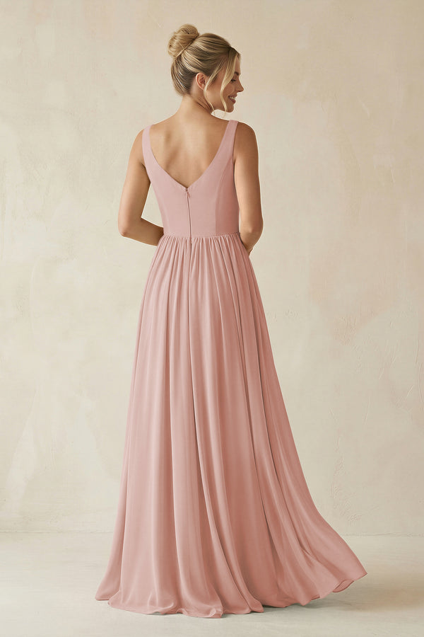 English Rose V-Neck Chiffon A-Line Long Bridesmaid Dress (2) | KISSBRIDAL