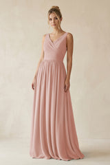 English Rose V-Neck Chiffon A-Line Long Bridesmaid Dress | KISSBRIDAL