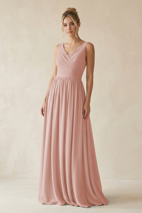 English Rose V-Neck Chiffon A-Line Long Bridesmaid Dress | KISSBRIDAL