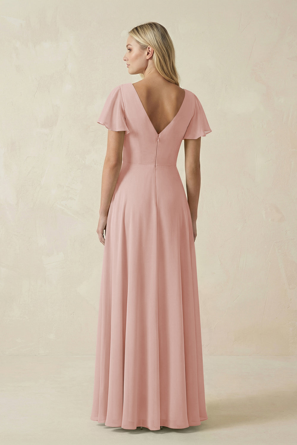 V-Neck Flutter Sleeve A-Line Chiffon Bridesmaid Dress in English Rose