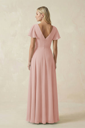 English Rose V-Neck Flutter Sleeve A-Line Chiffon Bridesmaid Dress (2) | KISSBRIDAL