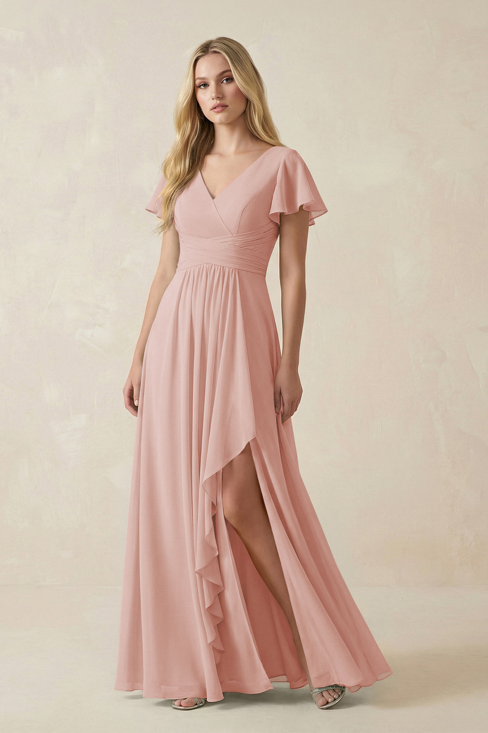 V-Neck Flutter Sleeve A-Line Chiffon Bridesmaid Dress in English Rose