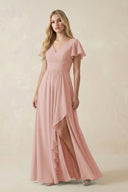 English Rose V-Neck Flutter Sleeve A-Line Chiffon Bridesmaid Dress | KISSBRIDAL