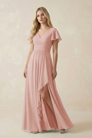 English Rose V-Neck Flutter Sleeve A-Line Chiffon Bridesmaid Dress | KISSBRIDAL