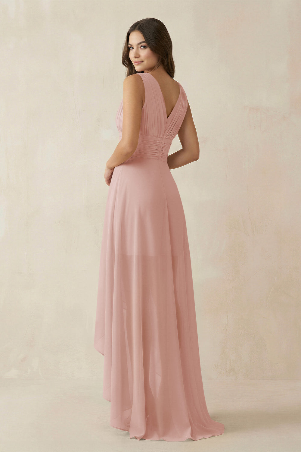 V-Neck High-Low Chiffon Bridesmaid Dress in English Rose
