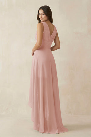 English Rose V-Neck High-Low Chiffon Bridesmaid Dress (2) | KISSBRIDAL