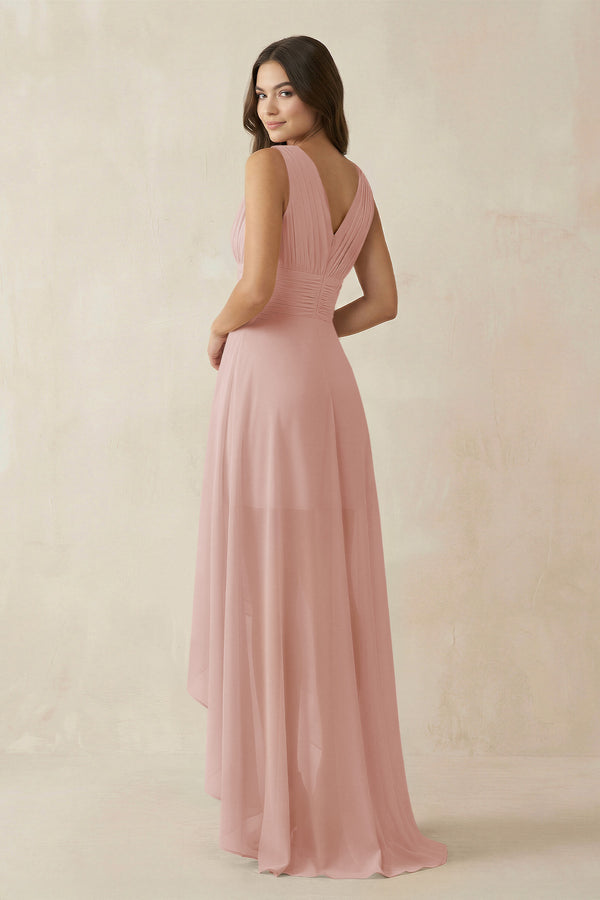 English Rose V-Neck High-Low Chiffon Bridesmaid Dress (2) | KISSBRIDAL