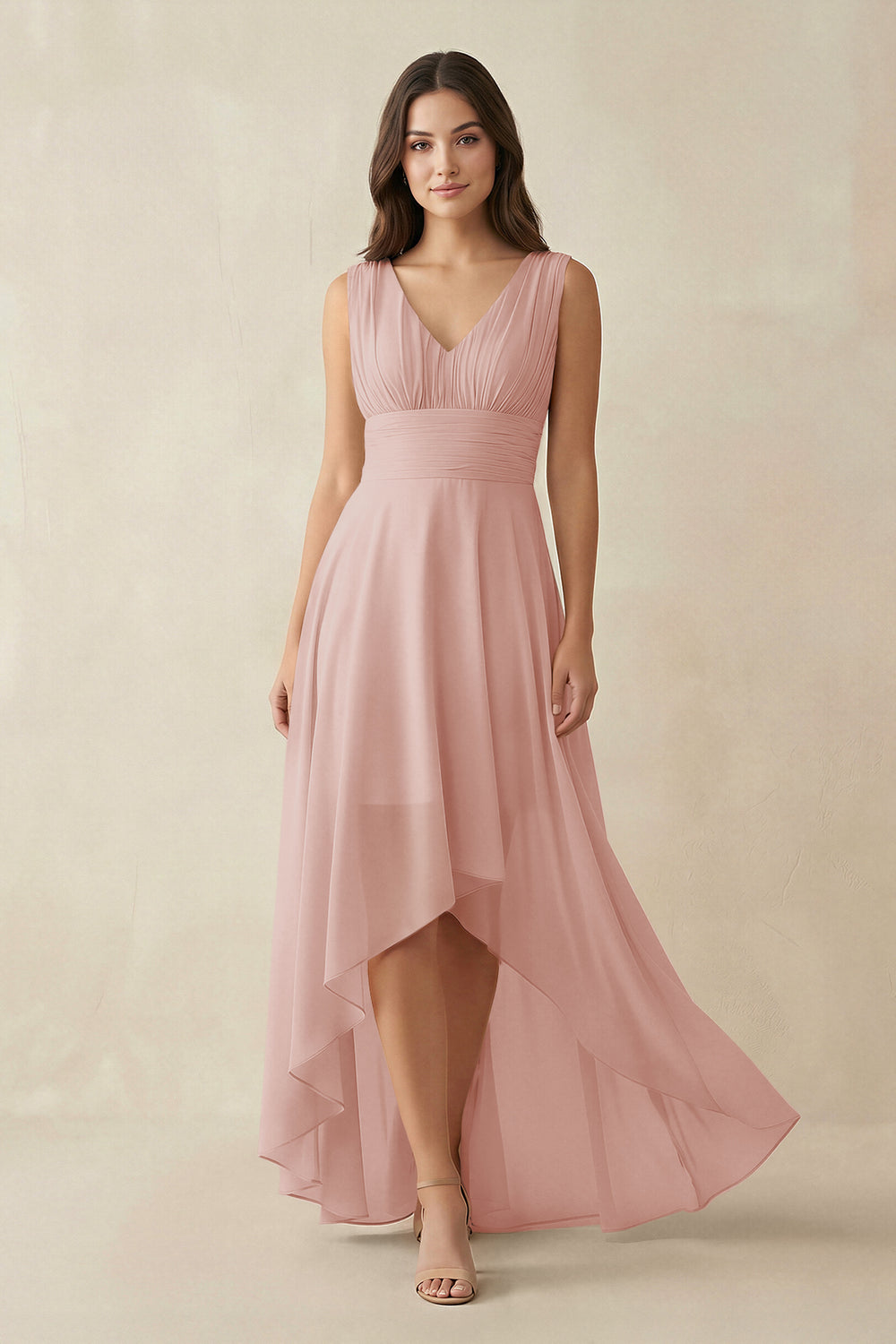 V-Neck High-Low Chiffon Bridesmaid Dress in English Rose