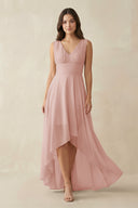English Rose V-Neck High-Low Chiffon Bridesmaid Dress | KISSBRIDAL