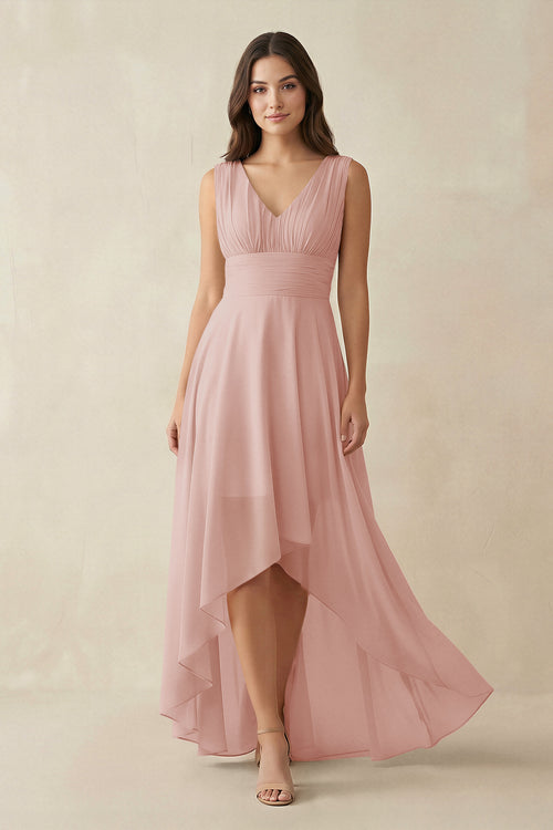 English Rose V-Neck High-Low Chiffon Bridesmaid Dress | KISSBRIDAL