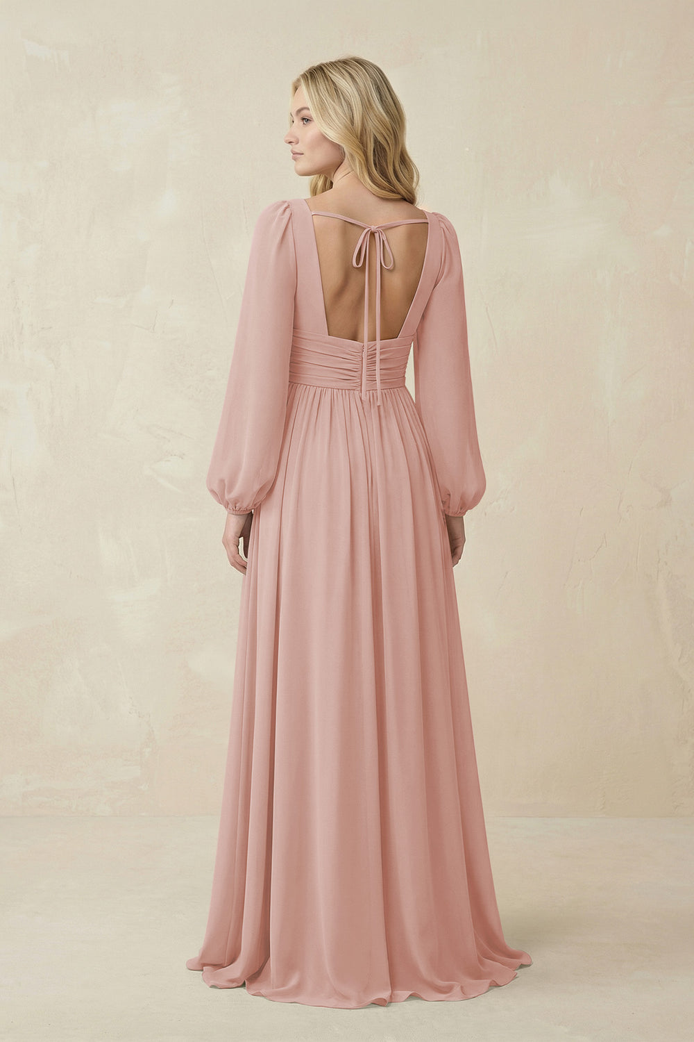 V-Neck Long Sleeve A-Line Chiffon Bridesmaid Dress in English Rose