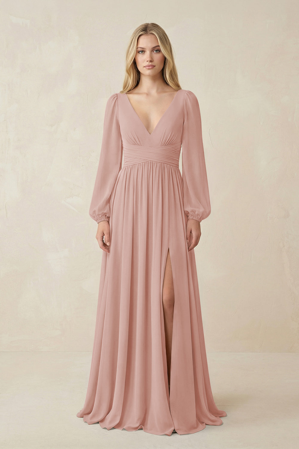 V-Neck Long Sleeve A-Line Chiffon Bridesmaid Dress in English Rose