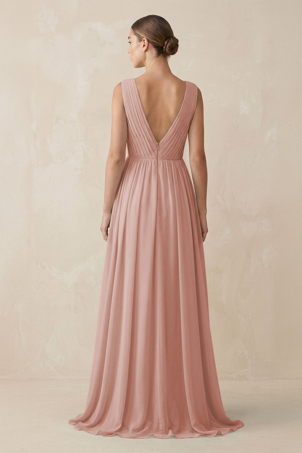 V-Neck Pleated A-Line Chiffon Bridesmaid Dress in English Rose