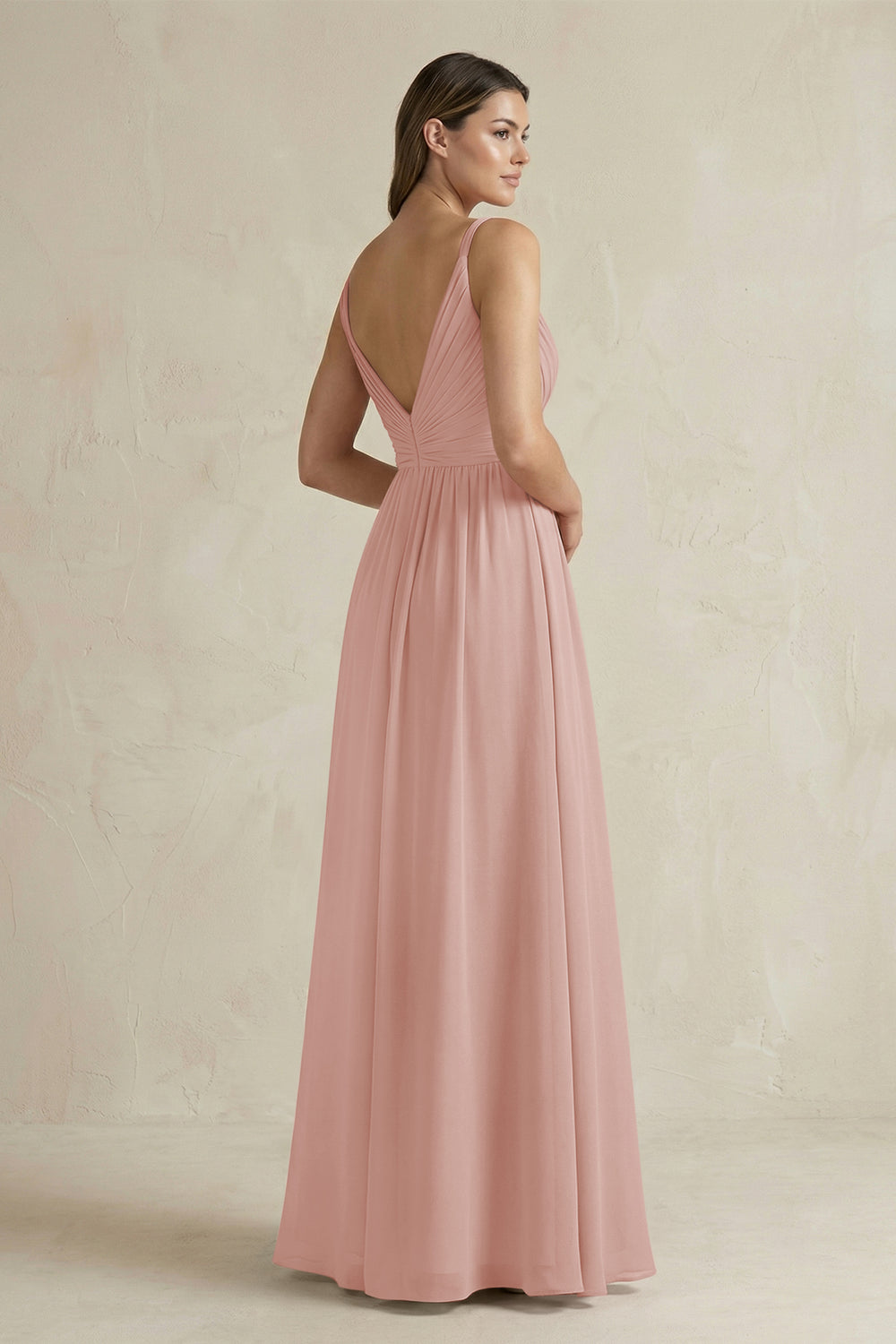 V-Neck Pleated A-Line Chiffon Bridesmaid Dress in English Rose