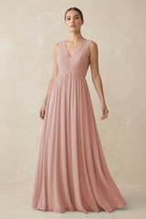 English Rose V-Neck Pleated A-Line Chiffon Bridesmaid Dress | KISSBRIDAL