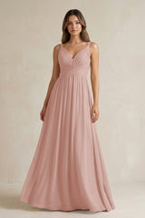 English Rose V-Neck Pleated A-Line Chiffon Bridesmaid Dress | KISSBRIDAL