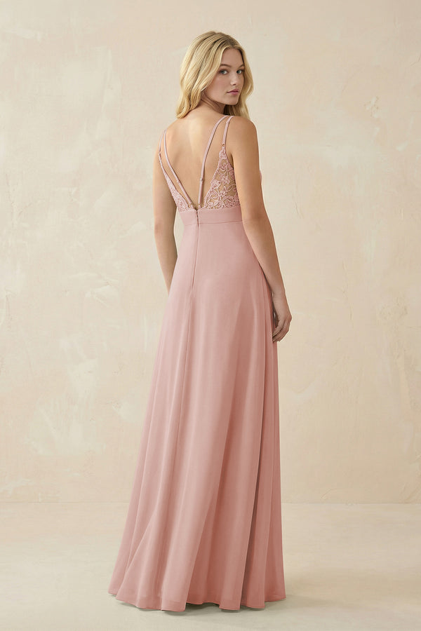 English Rose V-Neck Ruched Chiffon Bridesmaid Dress with Slit (2) | KISSBRIDAL