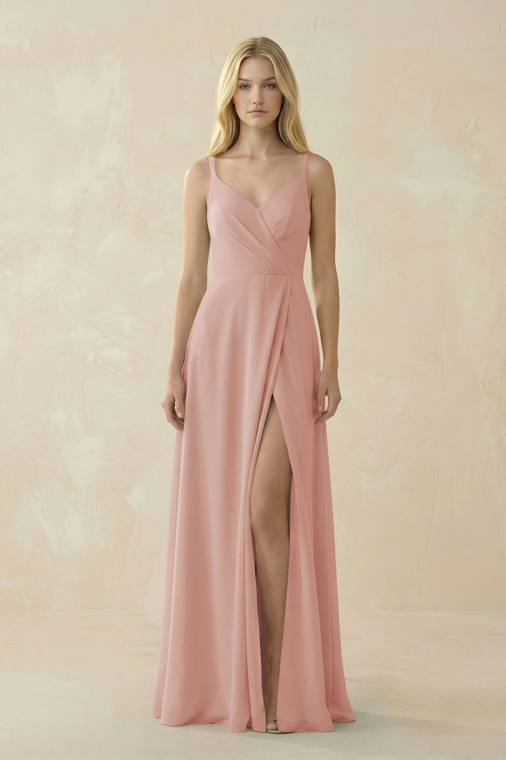 V-Neck Ruched Chiffon Bridesmaid Dress with Slit in English Rose