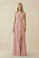 English Rose V-Neck Ruched Chiffon Bridesmaid Dress with Slit | KISSBRIDAL