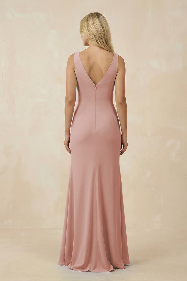 English Rose V-Neck Ruched Sheath Bridesmaid Dress with Slit (2) | KISSBRIDAL