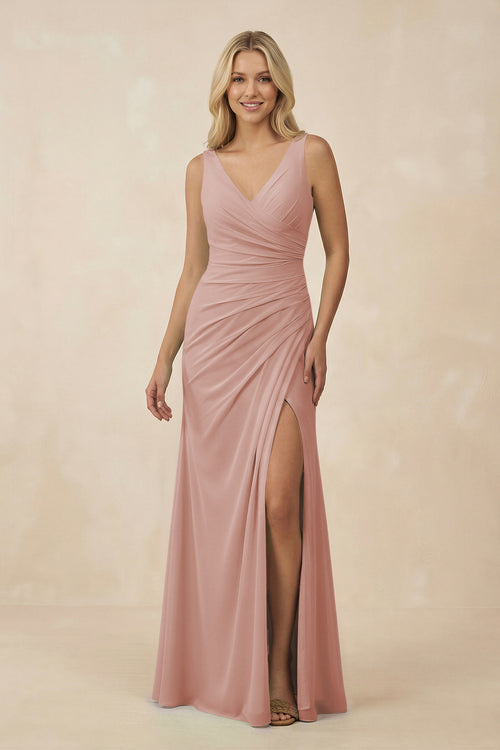 English Rose V-Neck Ruched Sheath Bridesmaid Dress with Slit | KISSBRIDAL