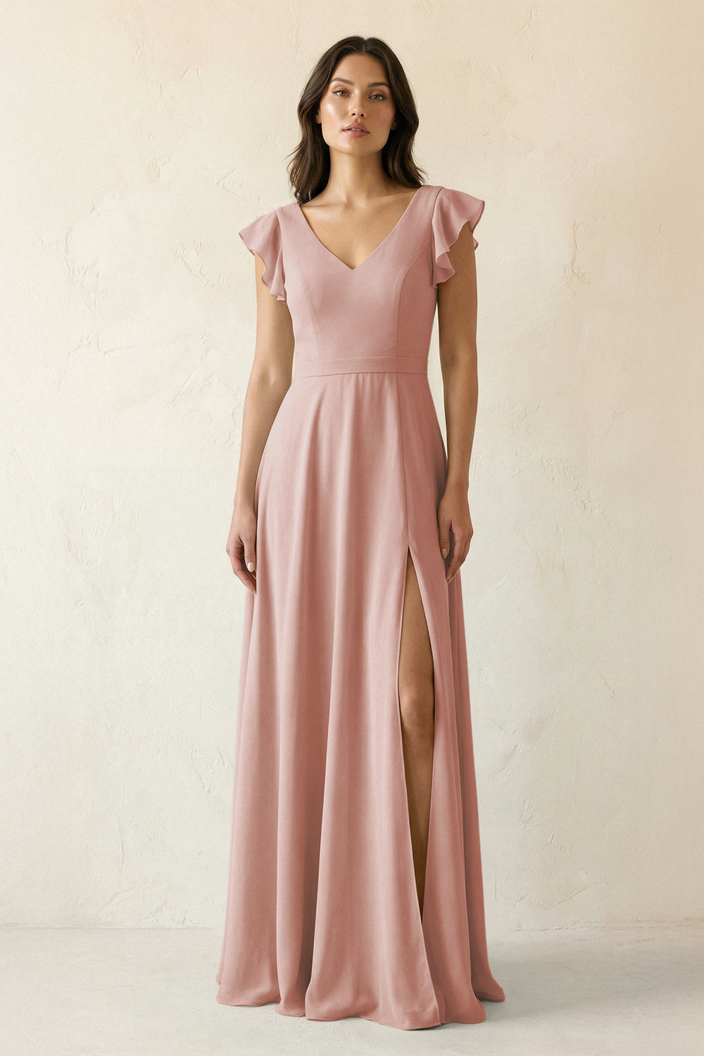 V-Neck Ruffled A-Line Chiffon Bridesmaid Dress in English Rose