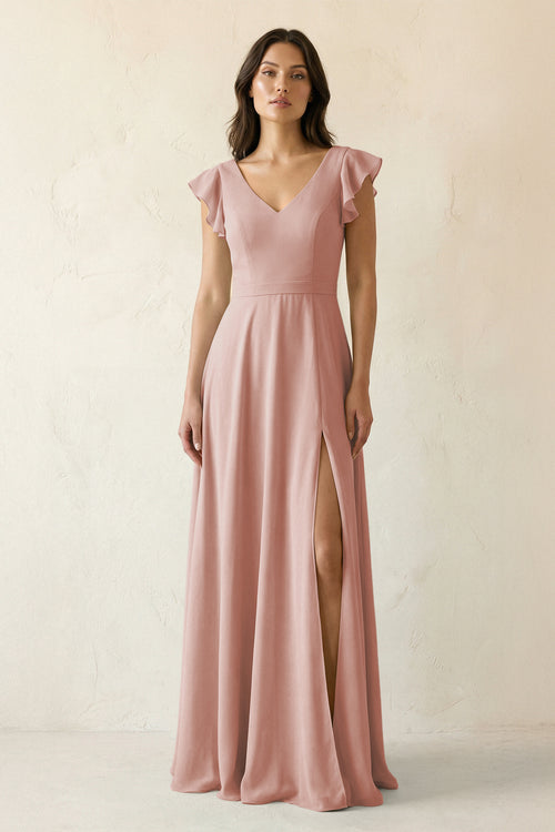 English Rose V-Neck Ruffled A-Line Chiffon Bridesmaid Dress | KISSBRIDAL