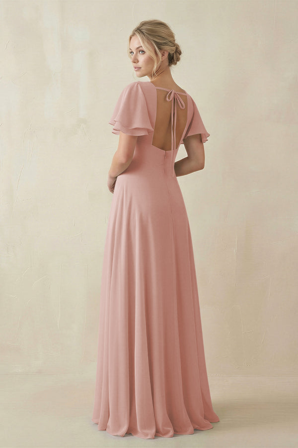 English Rose V-Neck Ruffled Short Sleeves A-Line Bridesmaid Dress (2) | KISSBRIDAL