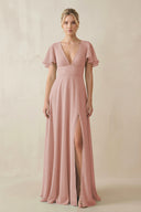 English Rose V-Neck Ruffled Short Sleeves A-Line Bridesmaid Dress | KISSBRIDAL