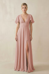 English Rose V-Neck Ruffled Short Sleeves A-Line Bridesmaid Dress | KISSBRIDAL