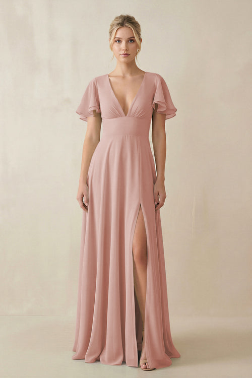 English Rose V-Neck Ruffled Short Sleeves A-Line Bridesmaid Dress | KISSBRIDAL