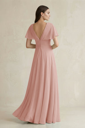 English Rose V-Neck Ruffled Sleeve A-Line Chiffon Bridesmaid Dress (2) | KISSBRIDAL